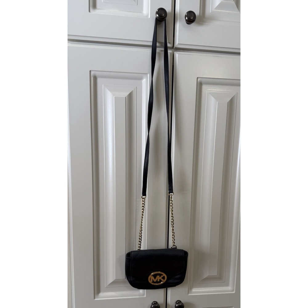 Michael Kors Black Leather Crossbody‎ MK Logo Gold Chain Shoulder  Chic Bag Y2K
